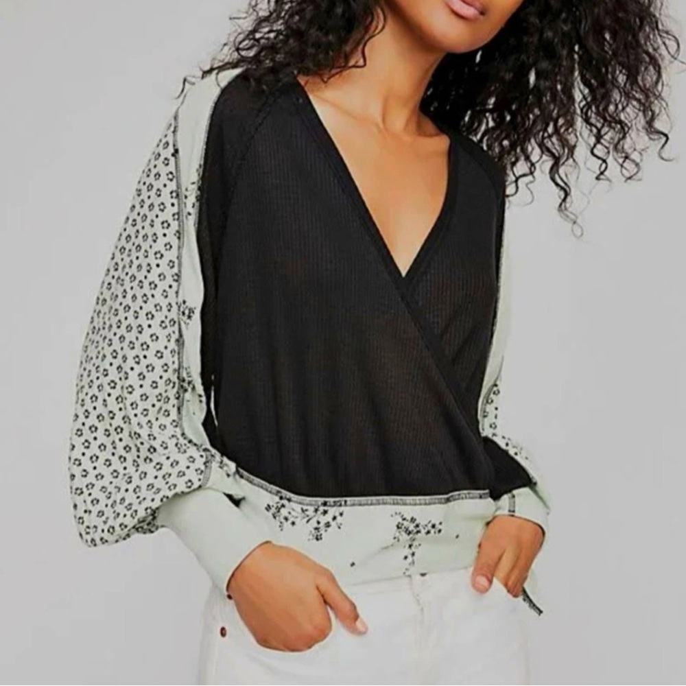 Free People Black and Cream Floral Blouse